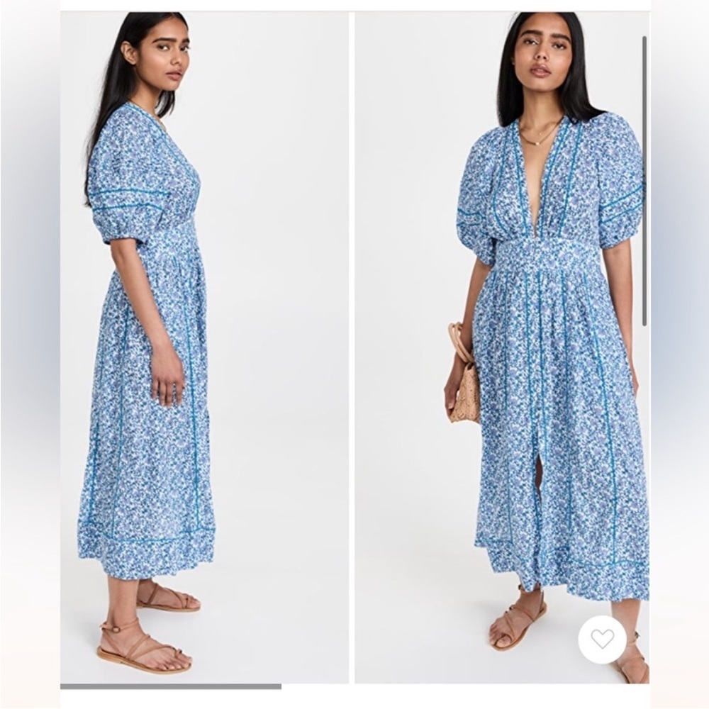 Poupette St Barth Dress Reine Midi Button down in Mistral Blue Floral - Picture 2 of 8